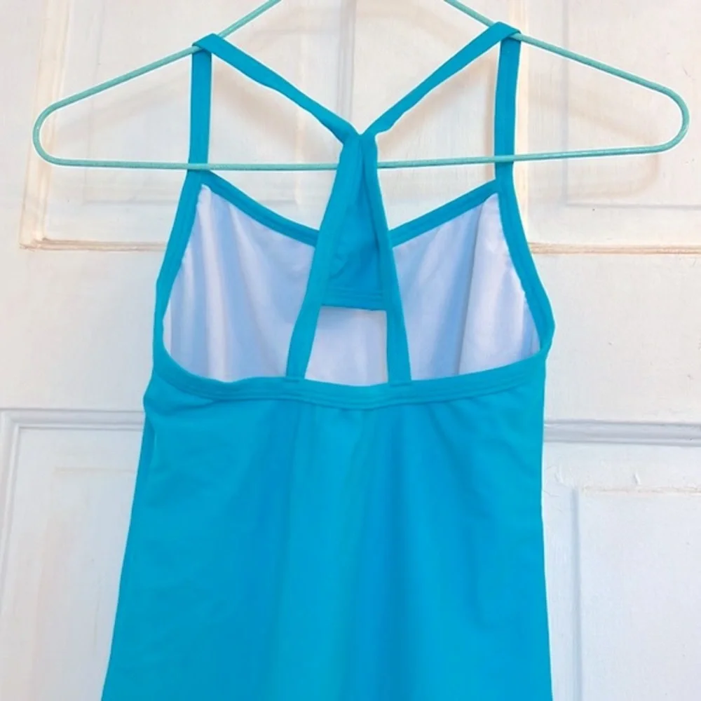Girls Aqua Blue One-Piece Swimsuit with Cross-Back Straps in size 12